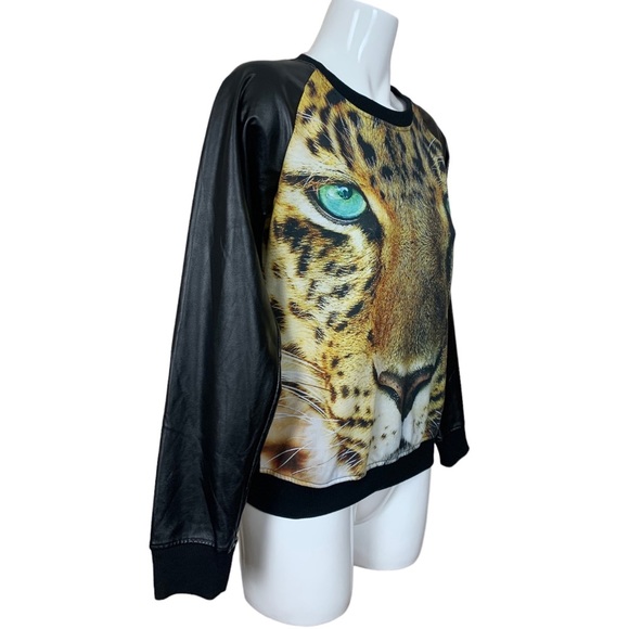 Soho Babe Leopard Face Crew Neck Sweatshirt with Faux Leather Sleeves Large - Picture 3 of 10